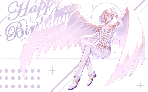 4K Ultra HD PC desktop wallpaper of Persona 5 video game character Goro Akechi as an angel with soft pink wings, seated against a pastel background with Happy Birthday text.