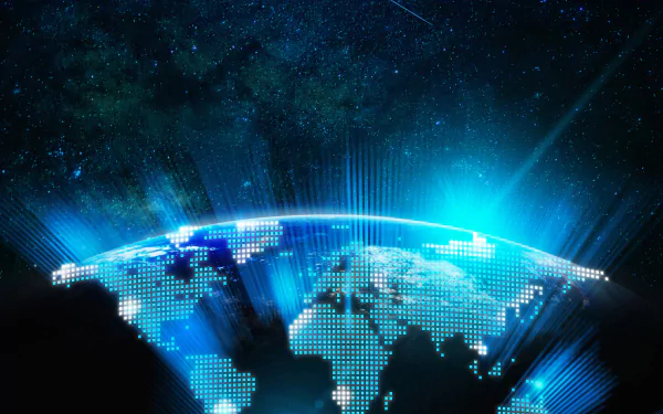 A 4K Ultra HD digital globe with pixelated continents illuminated by radiant blue light beams, set against a starry cosmic background, representing technology and internet connectivity.