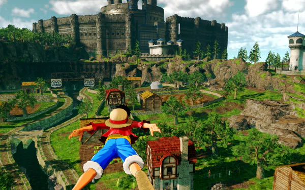 Monkey D. Luffy soaring over a vibrant landscape in 4K Ultra HD from the video game One Piece: World Seeker, captured as a dynamic PC desktop wallpaper.