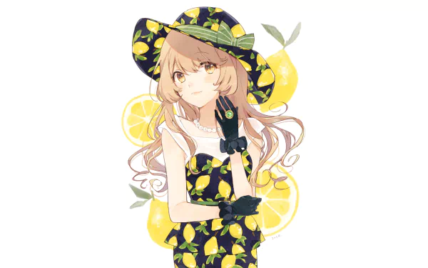 A stylish anime girl with long blonde hair and yellow eyes wears a lemon-patterned dress, gloves, and a matching hat, set against a cheerful lemon backdrop. 