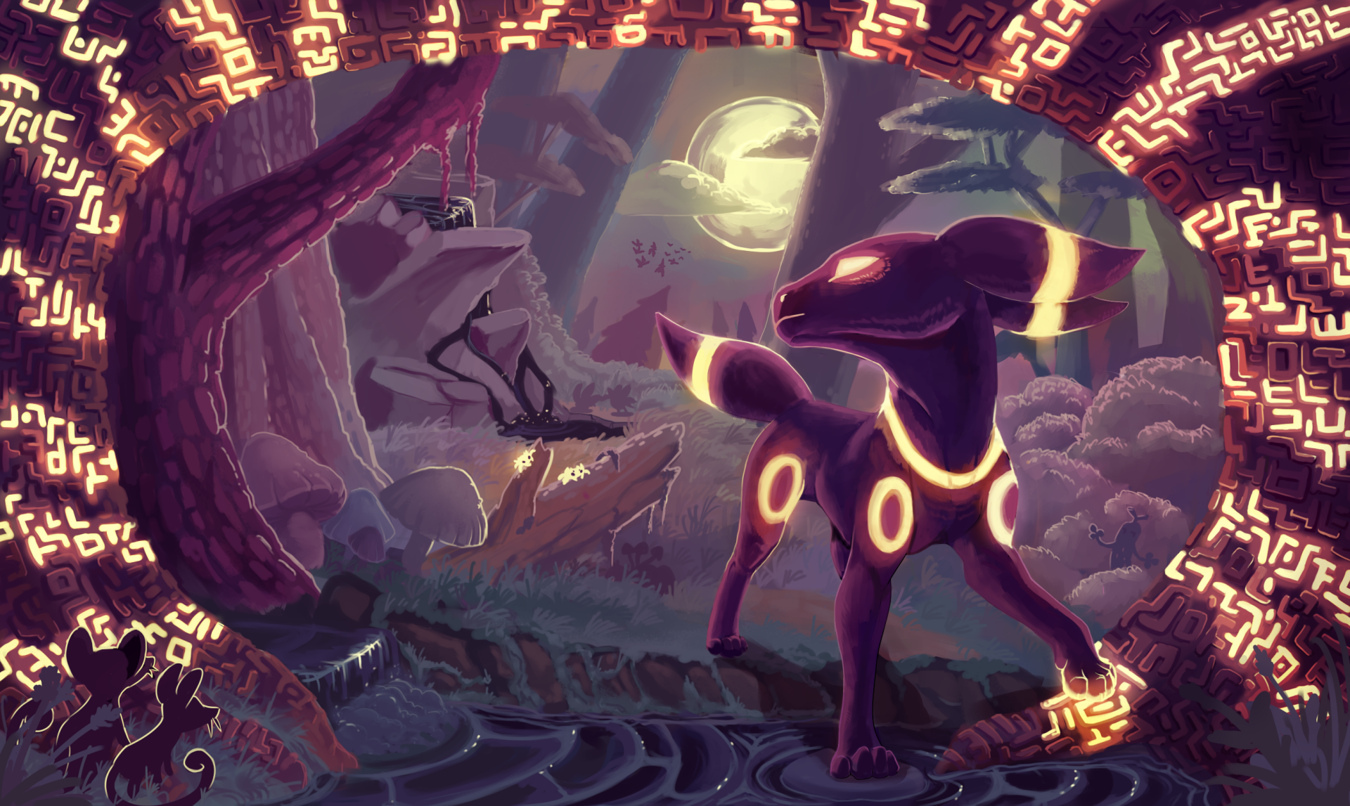 HD anime desktop wallpaper featuring Umbreon from Pokémon, standing in a mystical forest illuminated by glowing runes and a full moon in the background.