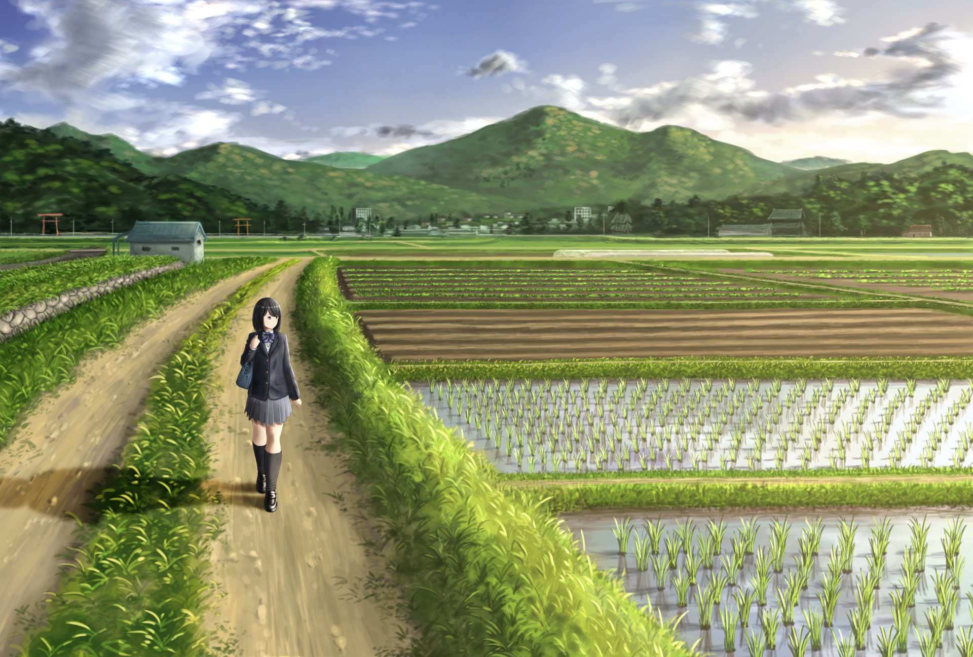 Anime wallpaper featuring a girl with short black hair, wearing a bow and carrying a bag, walking along a path through a field with mountains and clouds in the background.