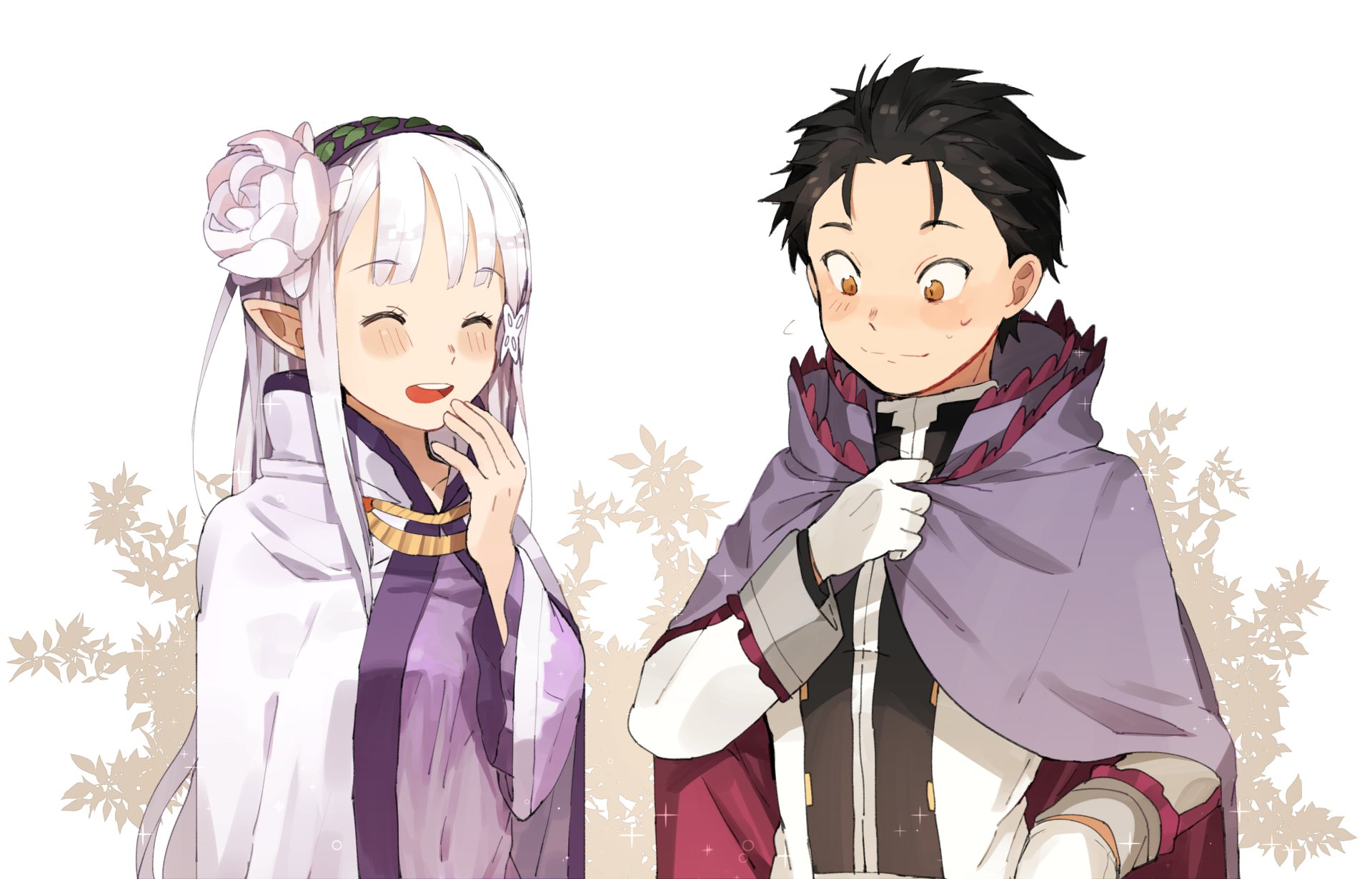 HD desktop wallpaper featuring Subaru Natsuki and Emilia from Re:Zero - Starting Life in Another World. The anime characters are depicted standing together, with Emilia laughing and Subaru looking shy.