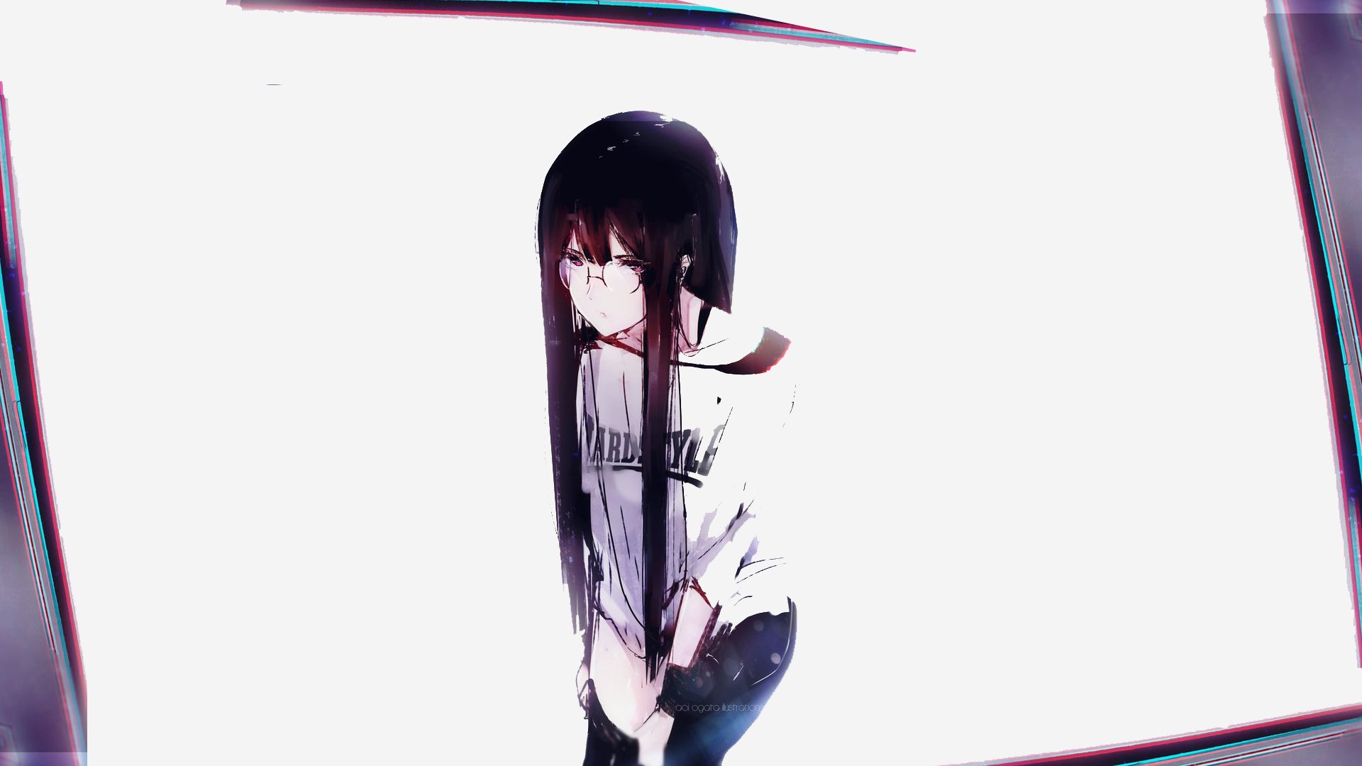 HD wallpaper of an anime girl with long dark hair and glasses, wearing a white shirt and dark pants, standing against a minimalist white background.