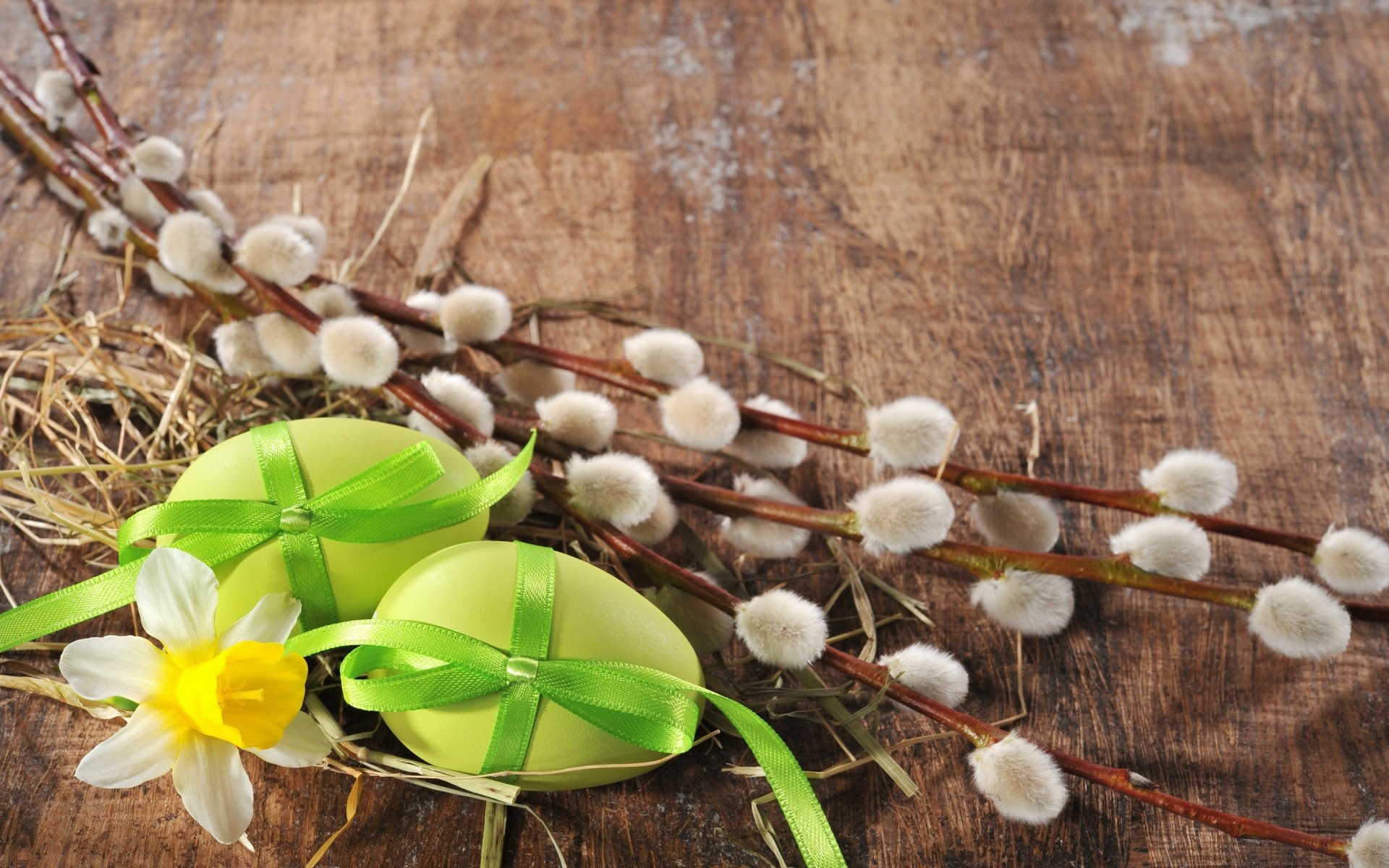 2K Quad HD PC desktop wallpaper showing an Easter scene: two green ribboned eggs, a daffodil and pussy willow branches on a rustic wooden background — flower, willow, egg, holiday