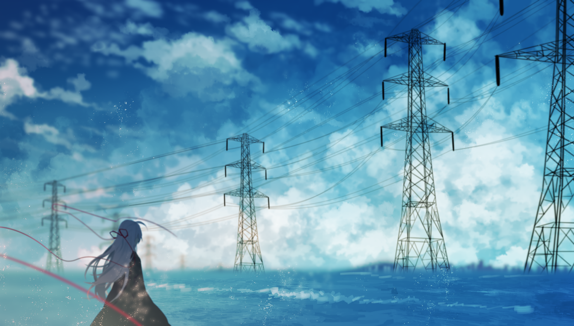 HD PC desktop wallpaper: original anime girl with long blonde hair and a bow, silhouetted by reflective water and towering power pylons beneath a vast, cloud-streaked blue sky.