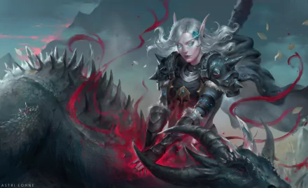 HD PC desktop wallpaper/background: white-haired elven warrior in ornate armor, pointed ears, channeling red magic atop a spiked dragon in a stormy fantasy scene.