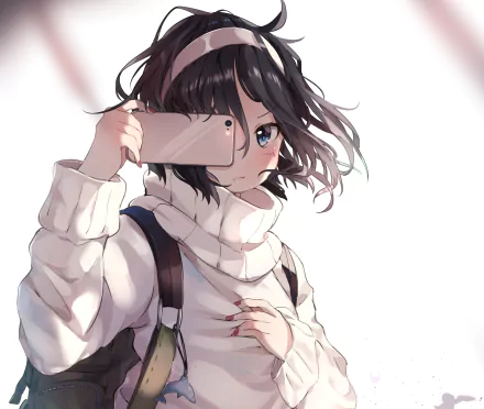 HD anime wallpaper of an original character with short black hair, wearing a headband, holding a smartphone, and featuring blue eyes. The character sports a cozy sweater and a backpack.