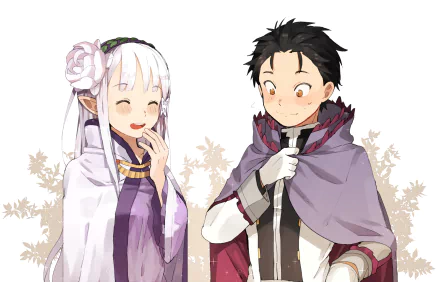 HD desktop wallpaper featuring Subaru Natsuki and Emilia from Re:Zero - Starting Life in Another World. The anime characters are depicted standing together, with Emilia laughing and Subaru looking shy.