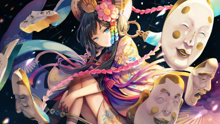 HD desktop wallpaper featuring an anime-inspired Onmyoji character adorned with colorful accessories and surrounded by floating traditional masks.