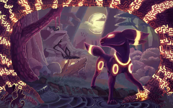 HD anime desktop wallpaper featuring Umbreon from Pokémon, standing in a mystical forest illuminated by glowing runes and a full moon in the background.