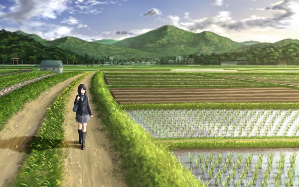 Anime Original Short Hair Black Hair Bag Field Mountain Cloud bow HD Wallpaper | Background Image