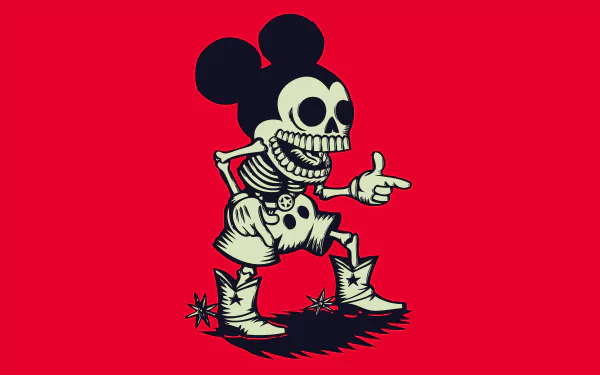 HD minimalist desktop wallpaper featuring a dark, cartoonish, skeletal version of Mickey Mouse on a vibrant red background.