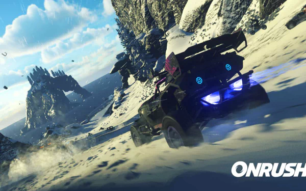 HD wallpaper of Onrush game showcasing a dynamic off-road vehicle race in a snowy mountainous landscape.