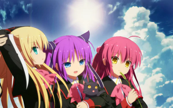 Anime HD PC desktop wallpaper/background from Little Busters! — three schoolgirls (blonde, purple with cat‑ear headband, pink) in black uniforms smiling beneath a bright, cloudy sky.