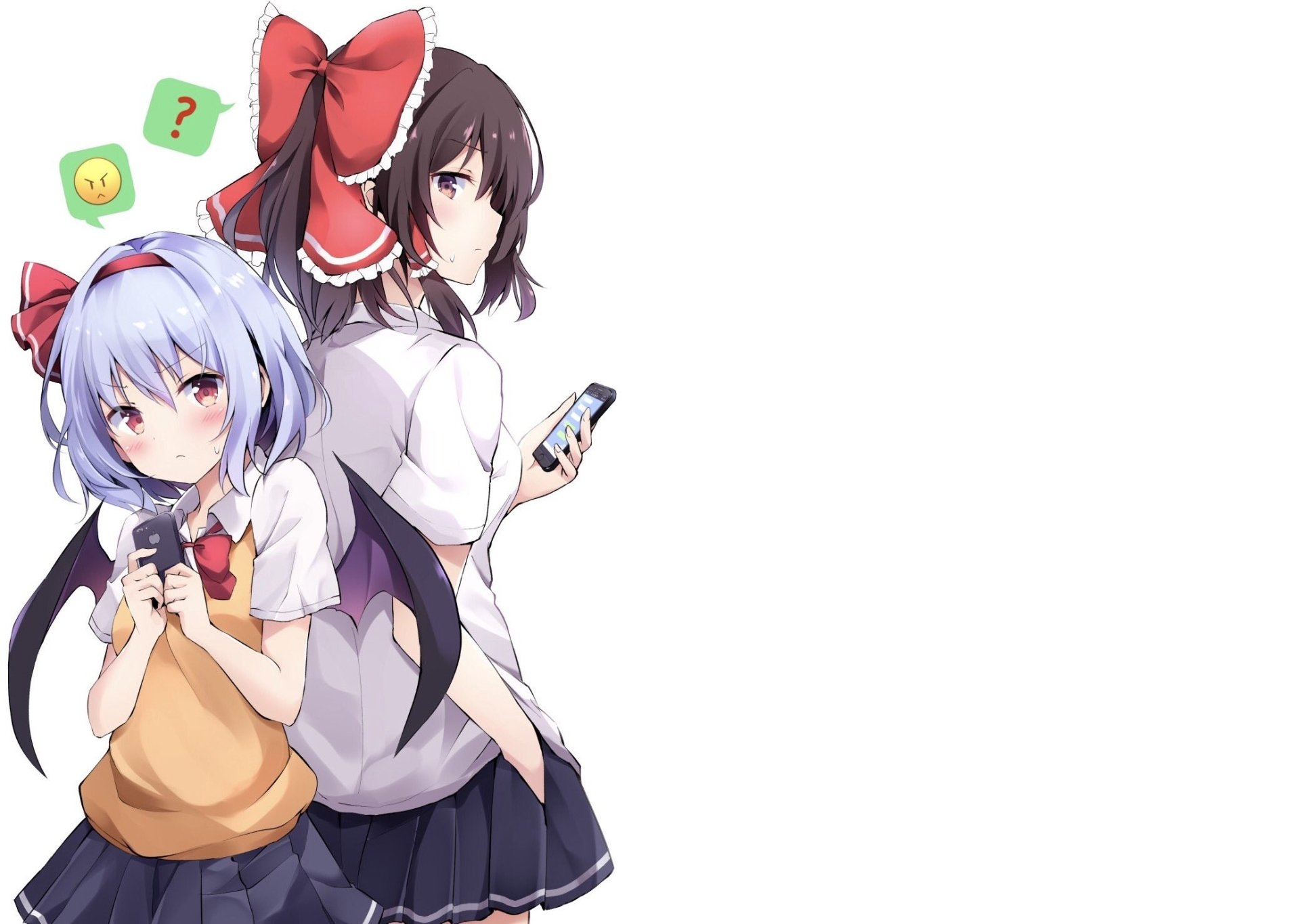 HD PC desktop wallpaper of Touhou anime characters Remilia Scarlet (blue-haired) and Reimu Hakurei (dark-haired with red bow) standing back-to-back on a white background.