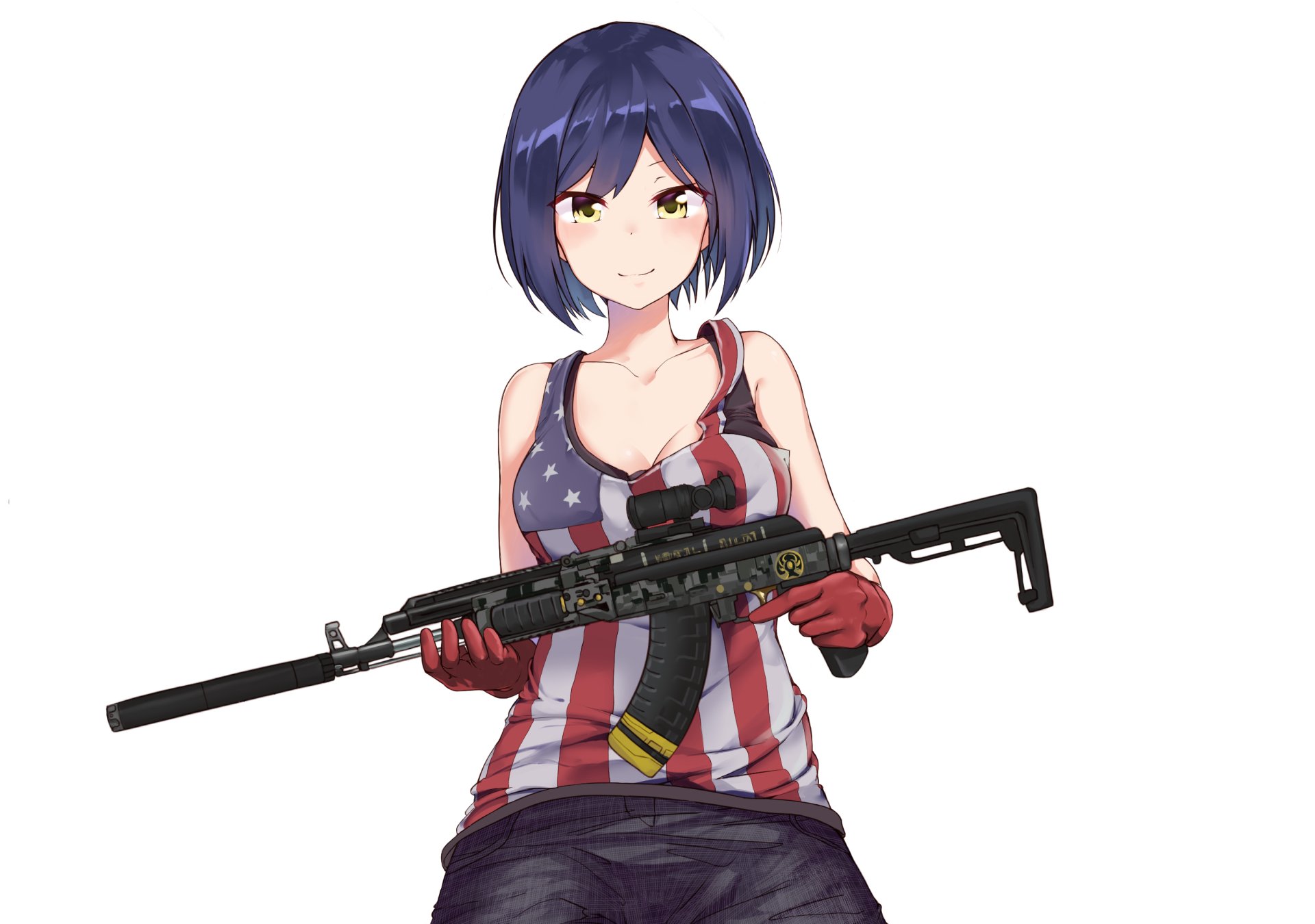 Shizuka Rin, an anime Virtual YouTuber with short hair, holds a gun while wearing an American flag tank top. The image also features Tsukino Mito. This HD desktop wallpaper is vibrant and detailed.