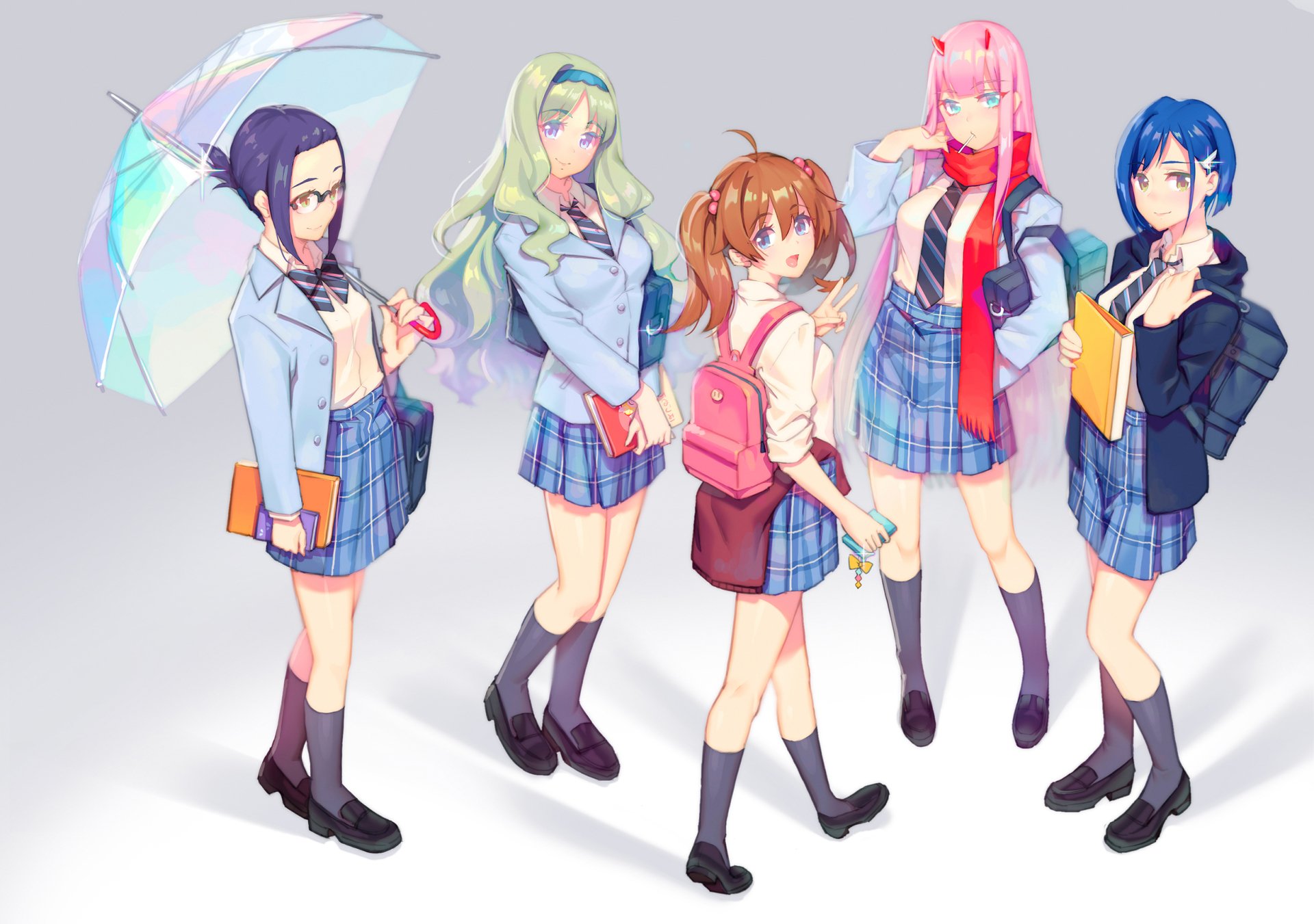 HD desktop wallpaper featuring Miku, Kokoro, Ikuno, Ichigo, and Zero Two from Darling in the FranXX standing together in school uniforms against a light background.