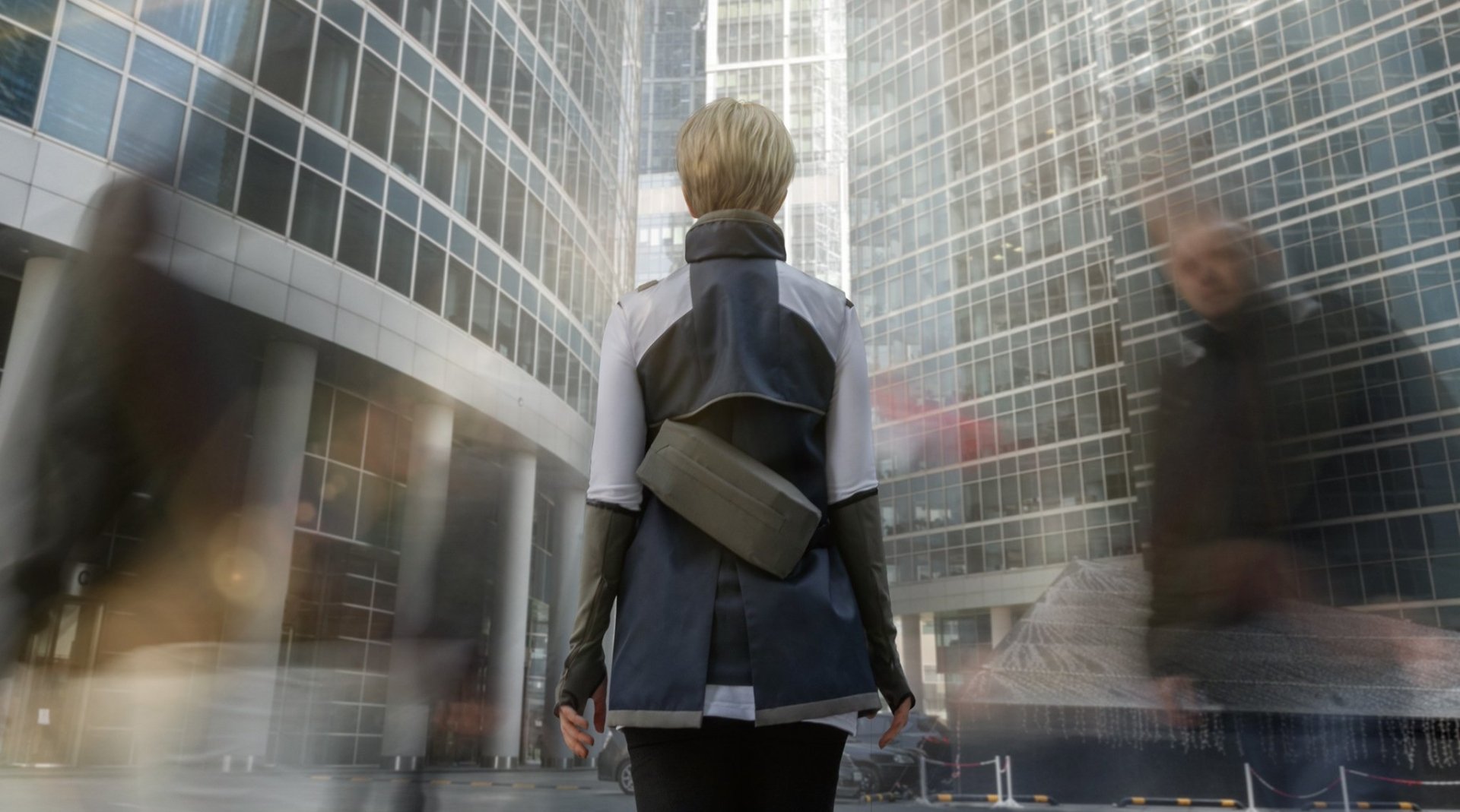 Woman cosplaying Kara (Detroit: Become Human), back view walking through towering glass skyscrapers — HD PC desktop wallpaper and background.