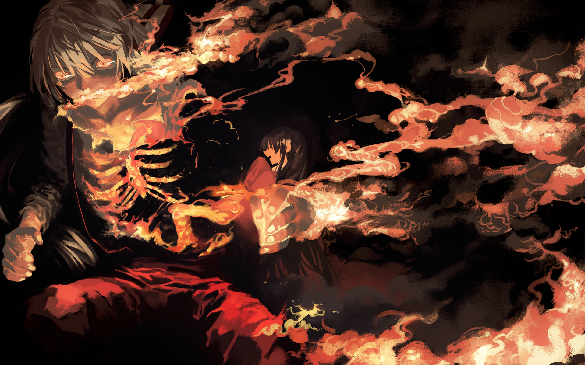 HD PC wallpaper featuring Kaguya Houraisan and Fujiwara no Mokou from the anime Touhou, depicted with fiery, dynamic effects against a dark background.