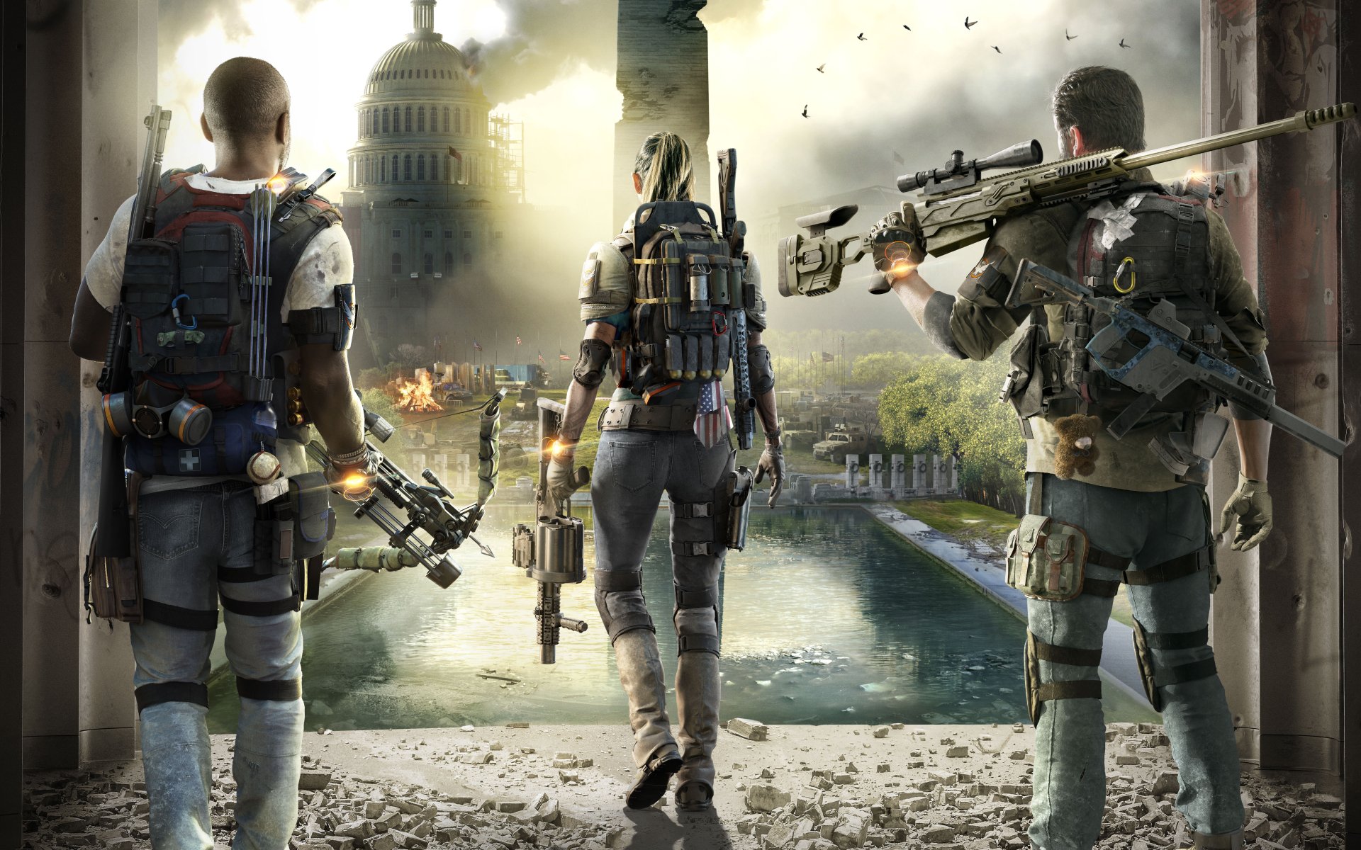 4K Ultra HD PC wallpaper featuring three heavily armed agents overlooking a damaged Capitol building in Tom Clancy's The Division 2 video game.