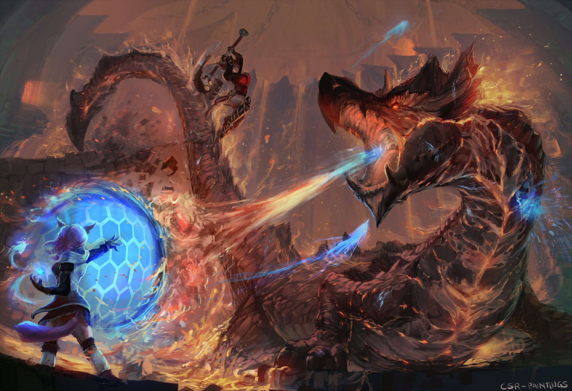 HD PC desktop wallpaper: a sorceress woman warrior channels blue magic shield while confronting a towering fire dragon that breathes flames in an epic fantasy fight.