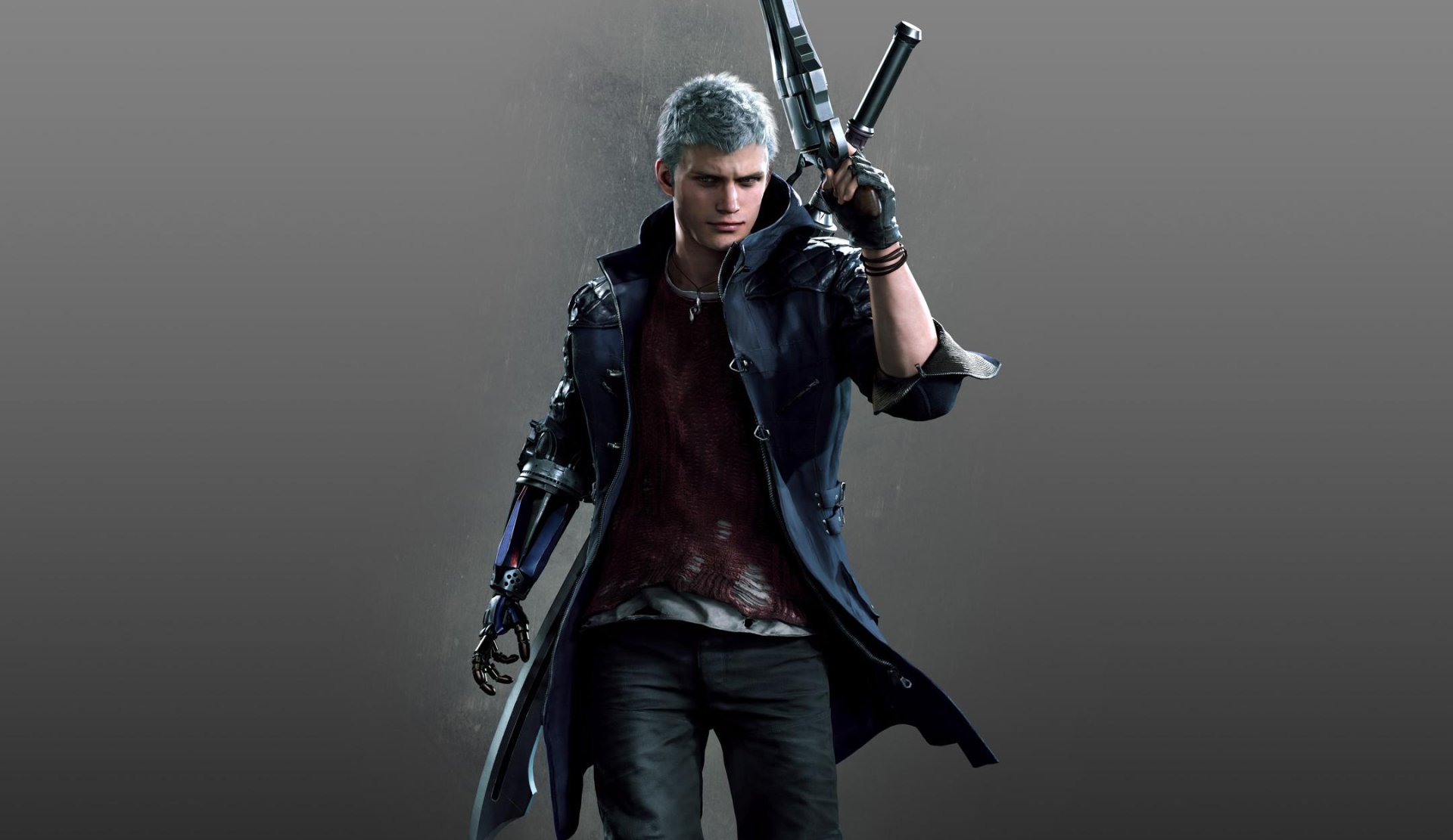 HD desktop wallpaper featuring Nero from Devil May Cry 5. The character is prominently posed with a mechanical arm and a distinct dark outfit, set against a neutral background.