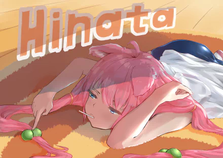 HD PC wallpaper featuring anime-style Virtual YouTuber Hinata Nekomiya with pink hair lying down, holding a green lollipop, against a warm-toned background.