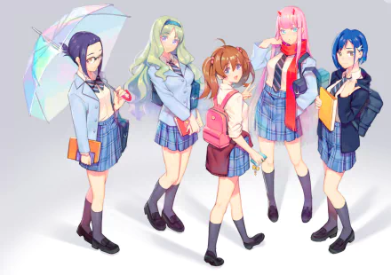 HD desktop wallpaper featuring Miku, Kokoro, Ikuno, Ichigo, and Zero Two from Darling in the FranXX standing together in school uniforms against a light background.