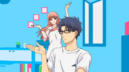 HD anime desktop wallpaper featuring Hirotaka Nifuji and Narumi Momose from Wotaku ni Koi wa Muzukashii, set in a bright, minimalist room.