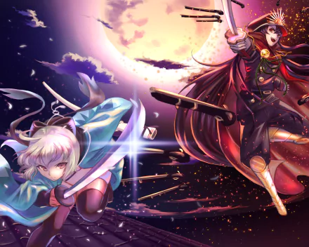 Anime HD PC desktop wallpaper: Sakura Saber and the Demon Archer (Fate/Grand Order) clash under a blood moon, arrows and cherry petals swirling.