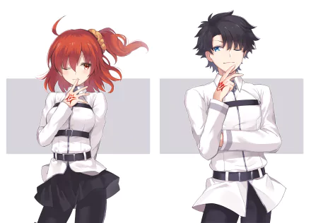 Anime Fate/Grand Order HD desktop wallpaper featuring two characters, a red-haired girl and a black-haired boy, both wearing white outfits with black belts, standing against a light background.