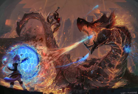 HD PC desktop wallpaper: a sorceress woman warrior channels blue magic shield while confronting a towering fire dragon that breathes flames in an epic fantasy fight.
