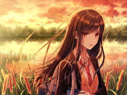 HD anime original artwork depicting a serious girl with long brown hair standing in a sunlit field at sunset, designed as a PC desktop wallpaper background.