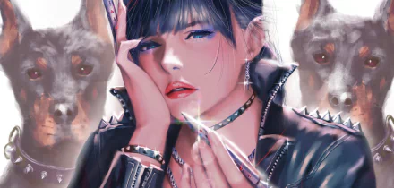 HD anime original artwork of a woman with dark hair and piercing blue eyes, wearing a studded leather jacket and choker, flanked by two intense wolves.