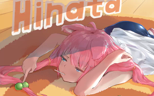 HD PC wallpaper featuring anime-style Virtual YouTuber Hinata Nekomiya with pink hair lying down, holding a green lollipop, against a warm-toned background.
