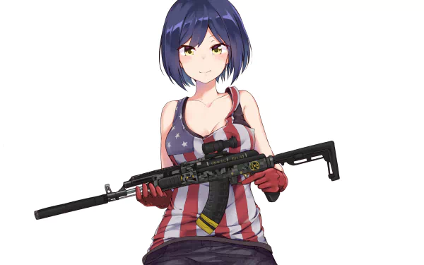 Shizuka Rin, an anime Virtual YouTuber with short hair, holds a gun while wearing an American flag tank top. The image also features Tsukino Mito. This HD desktop wallpaper is vibrant and detailed.