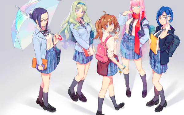 HD desktop wallpaper featuring Miku, Kokoro, Ikuno, Ichigo, and Zero Two from Darling in the FranXX standing together in school uniforms against a light background.