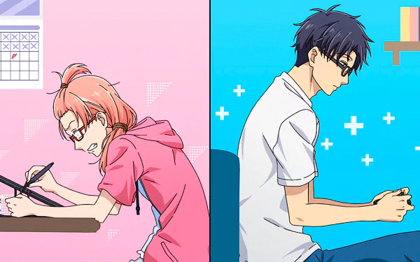 An HD desktop wallpaper featuring Hirotaka Nifuji and Narumi Momose from the anime Wotaku ni Koi wa Muzukashii, showcasing their creative and introspective moments.