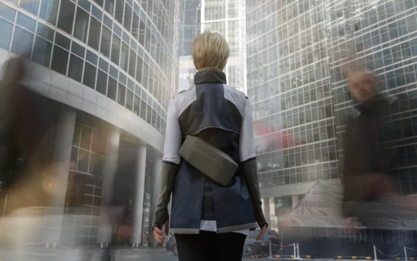 Woman cosplaying Kara (Detroit: Become Human), back view walking through towering glass skyscrapers — HD PC desktop wallpaper and background.