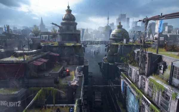 4K Ultra HD PC wallpaper showcasing a detailed urban landscape from the video game Dying Light 2: Stay Human with buildings, cranes, and a cloudy sky.