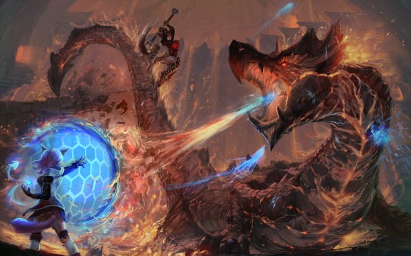 Fantasy Dragon Fight Woman Warrior Sorceress Magic Fire HD Wallpaper | Background Image