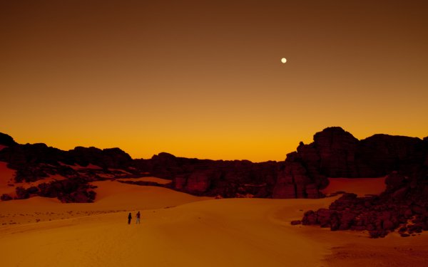 Nature Desert Tassili N'Ajjer Hoggar Mountains Sahara Sand Dune Sunset Moon Algeria Africa HD Wallpaper | Background Image