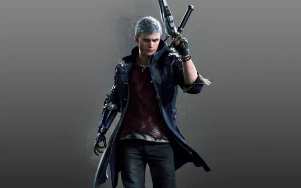 HD desktop wallpaper featuring Nero from Devil May Cry 5. The character is prominently posed with a mechanical arm and a distinct dark outfit, set against a neutral background.