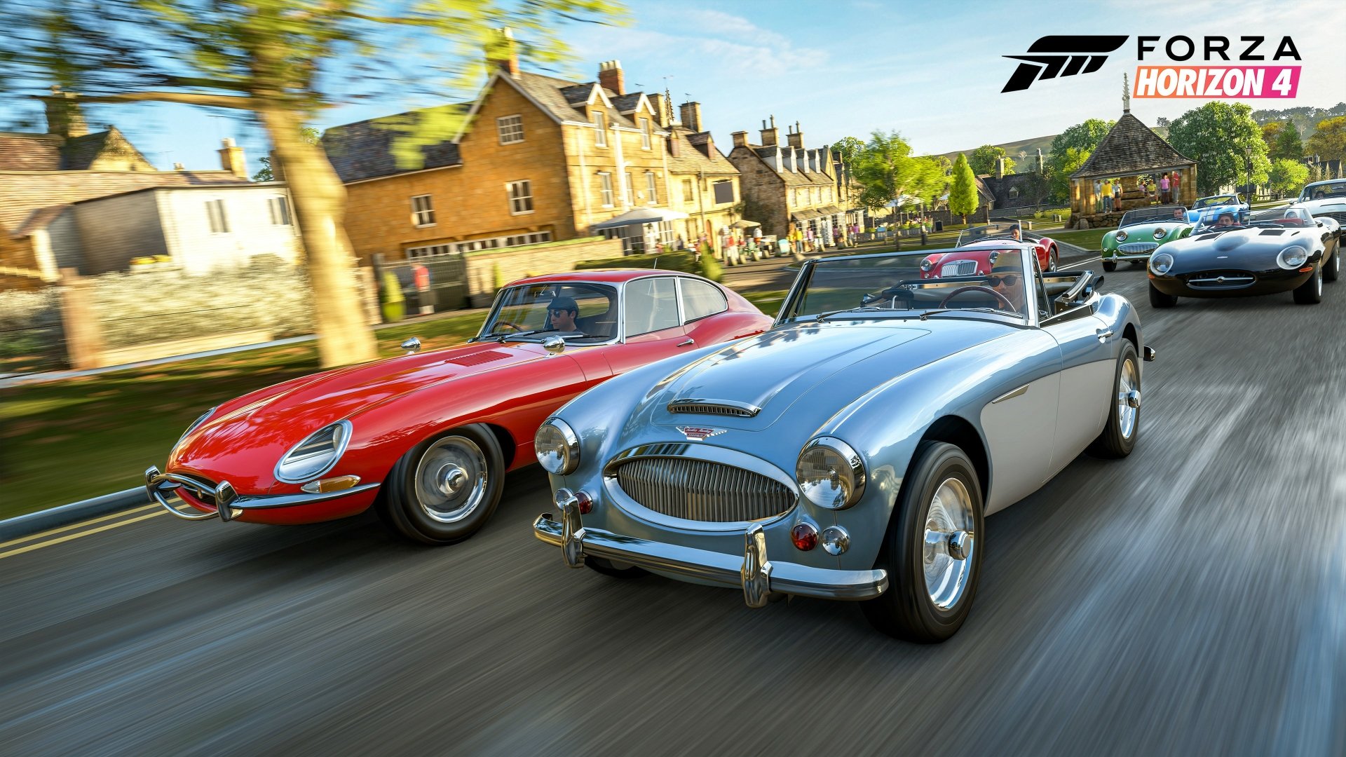 Forza Horizon 4 video game 4K Ultra HD PC desktop wallpaper/background: vintage convertibles racing past a sunlit English village, motion-blurred road and gleaming chrome.