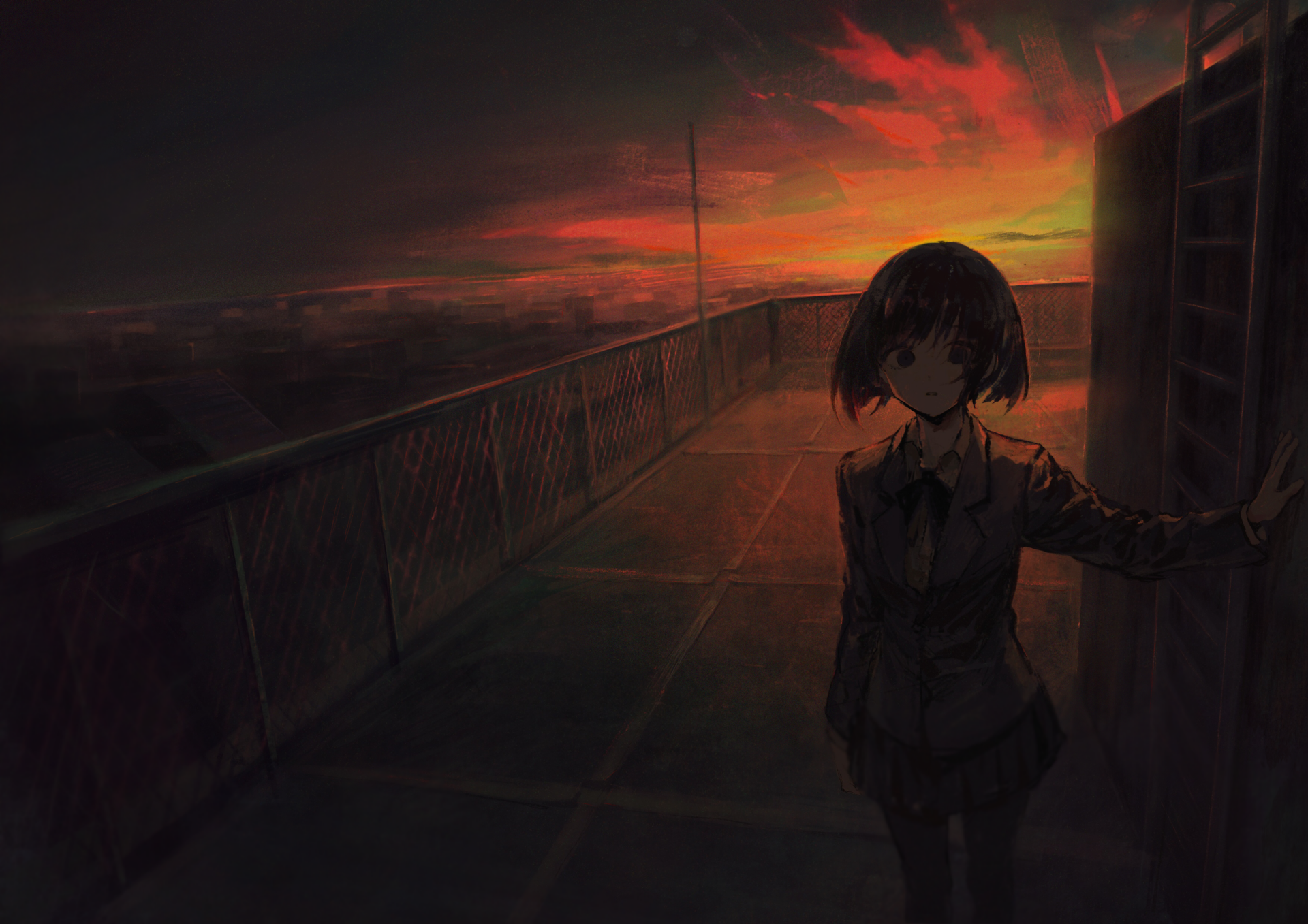 An HD desktop wallpaper featuring an anime girl with short brown hair and a bow, standing on a rooftop at sunset.