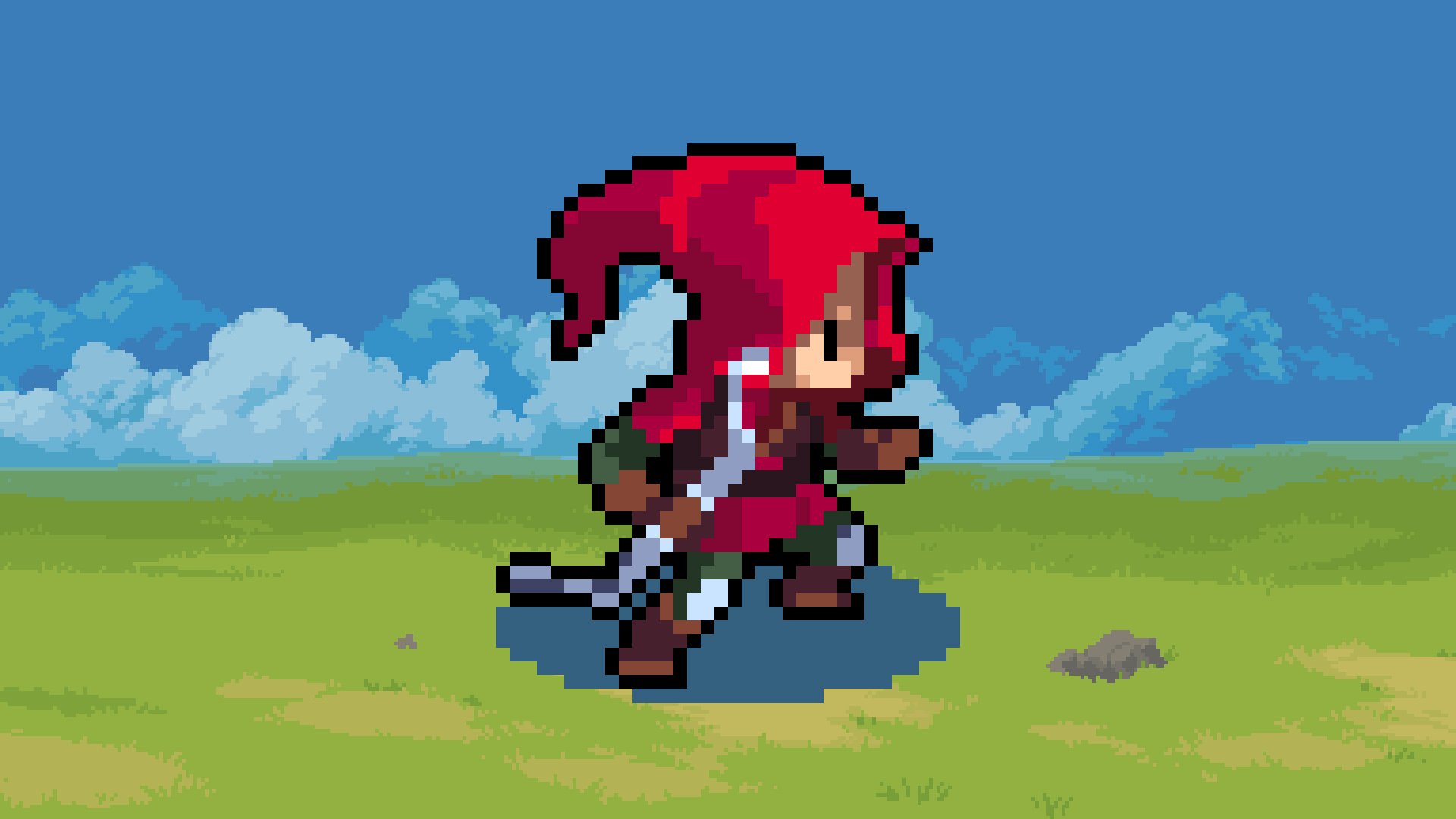 HD desktop wallpaper featuring a pixelated character from Wargroove on a vibrant grassy background with blue skies.