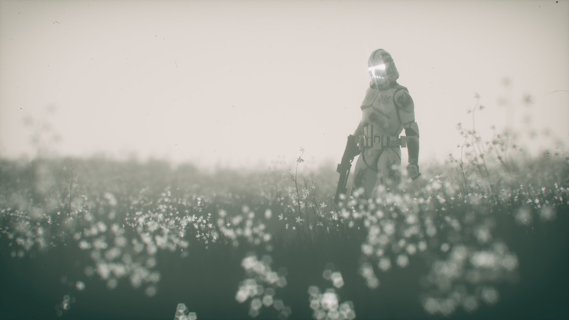 4K Ultra HD Star Wars wallpaper featuring a lone clone trooper standing in a softly blurred field under a pale sky, blending sci-fi elements with serene natural beauty.