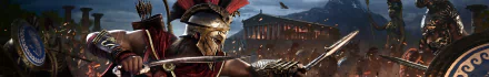 HD desktop wallpaper from the video game Assassin's Creed Odyssey, featuring a warrior in detailed armor with a historic temple and battle scene in the background.
