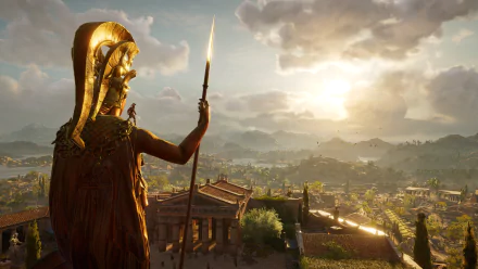 HD desktop wallpaper of Assassin's Creed Odyssey featuring a majestic view of ancient Greek architecture, with a bronze statue holding a spear overseeing a landscape bathed in golden sunlight.